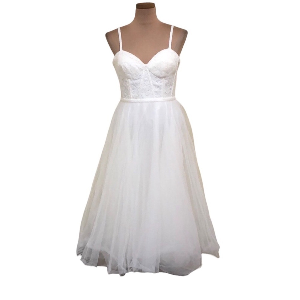 DB Studio David’s Bridal Midi Dress Size 4 Ivory Floral Lace Tulle Formal